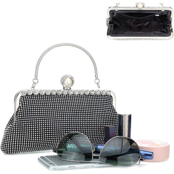 ⚡  Women's Rhinestones Envelope Style Chain Strap Black White Clutch Handbag - Picture 6 of 7